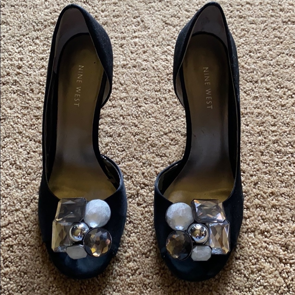 Black peep toe shoes with rhinestones. Nine West